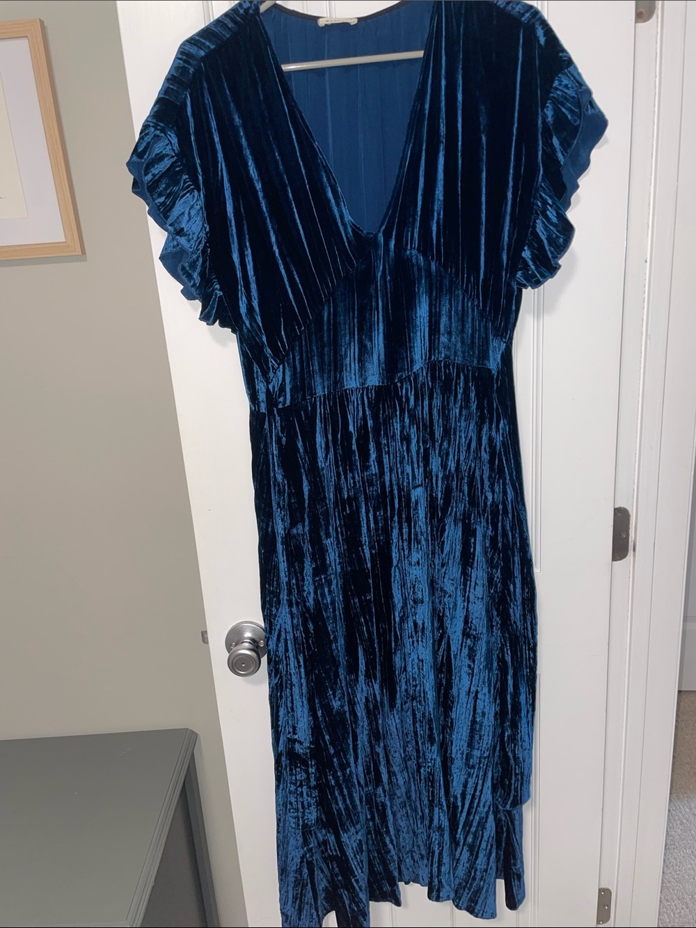 Macccob Blue Women’s V-Neck Short Sleeve Midi Dress Velvet